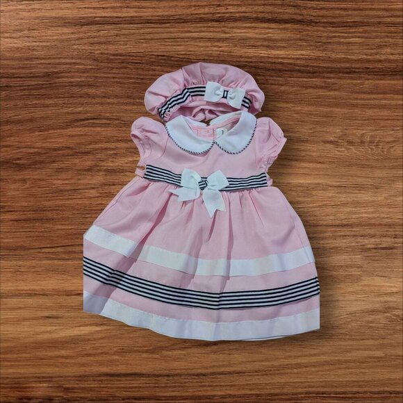 Rare EditionsBaby Girls Twill Dress Matching Hat size 18M pink black stripes - Picture 2 of 6